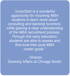 JumpStart is a wonderful opportunity for incoming MBA students to learn more about consulting and banking functions, while gaining a clear understanding of the MBA recruitment process. Through this early education, students are able to assess and fine-tune their post-MBA career goals.
